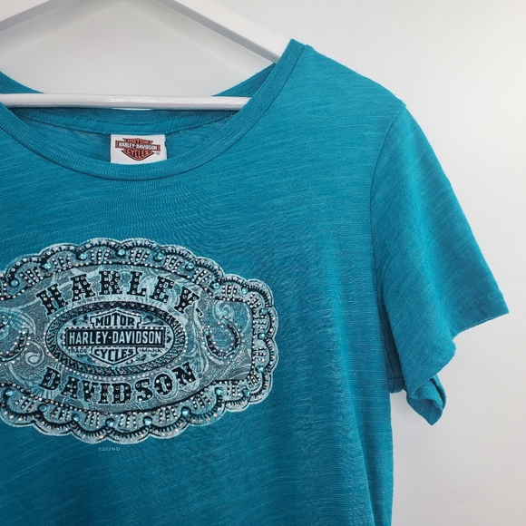 Harley-Davidson Mile High Denver Colorado Bejeweled Rhinestone Bling Graphic Tee - Picture 3 of 8